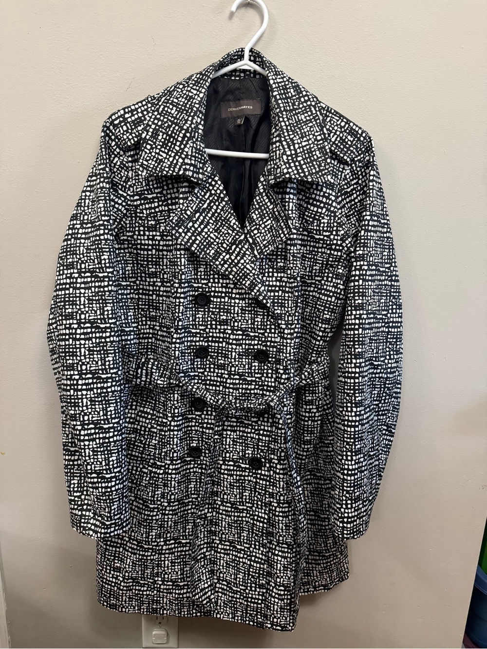 Denver Hayes Black & White Patterned Double Breasted Trench Coat Womens XL